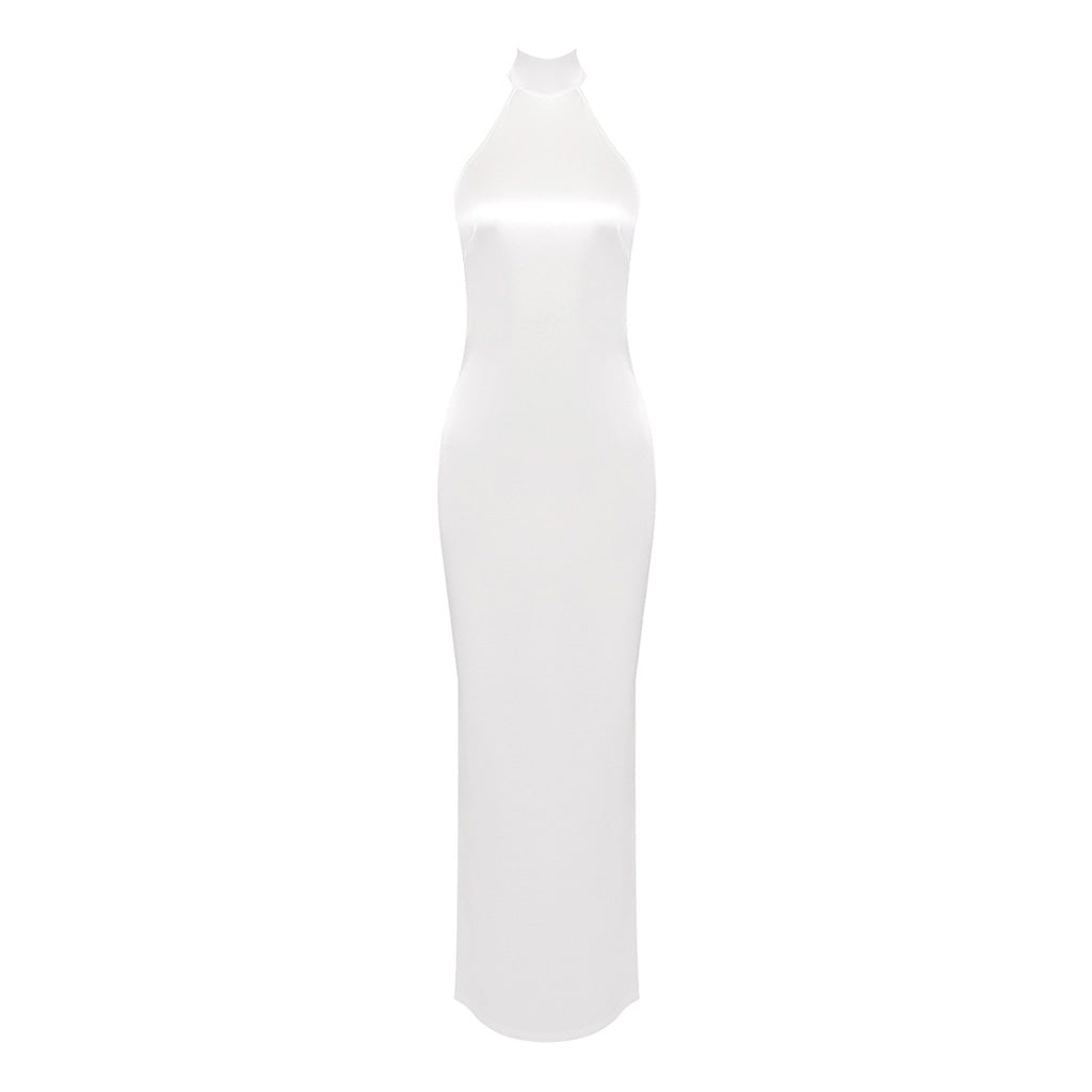 Opulent Halter Wrap Scarf Faux Pearl Backless Split Satin Gown Maxi Dress